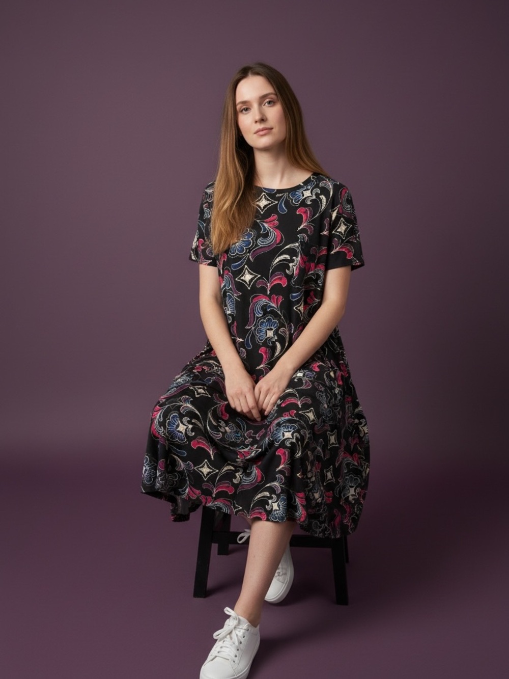 LuLaRoe Black Midi Dress with Pink and Blue Floral Swirl Print